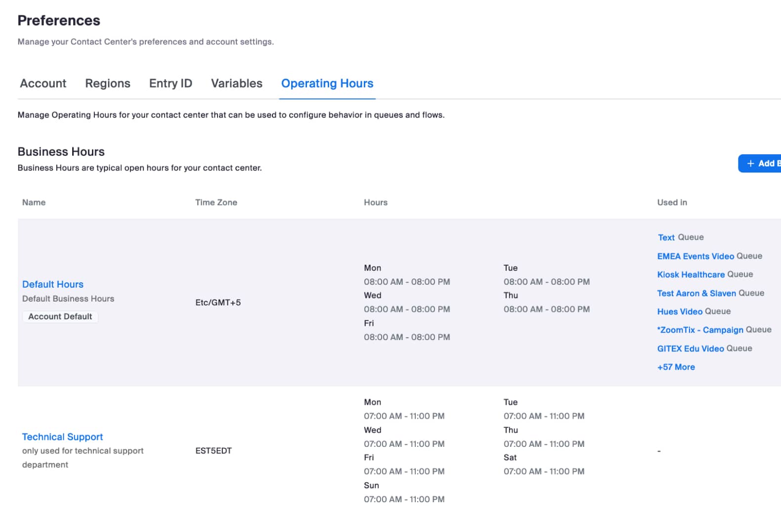 Showing operating hours preferences in the Preferences menu.