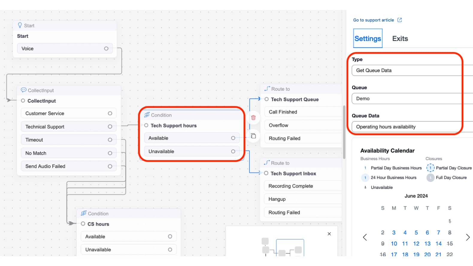Using the Flow builder to set available and unavailable hours for the Tech Support queue.