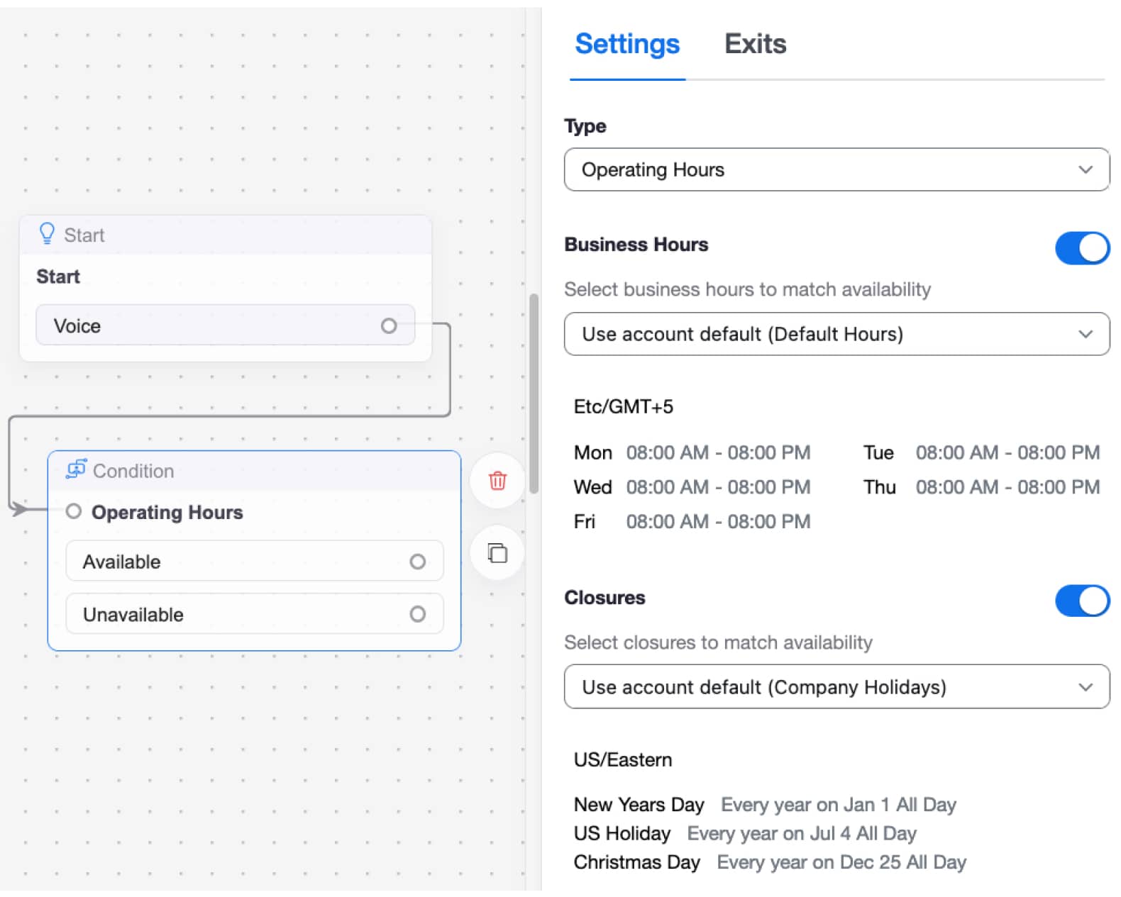 Showing the Settings tab for Flow design, with Business Hours and Closures settings.