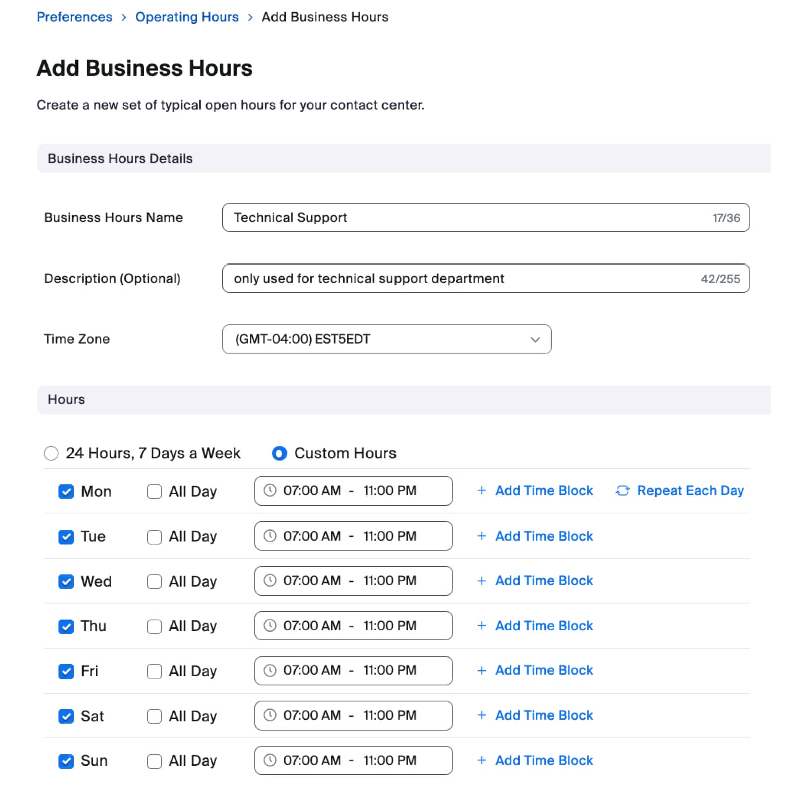 Adding business hours using the settings menu.