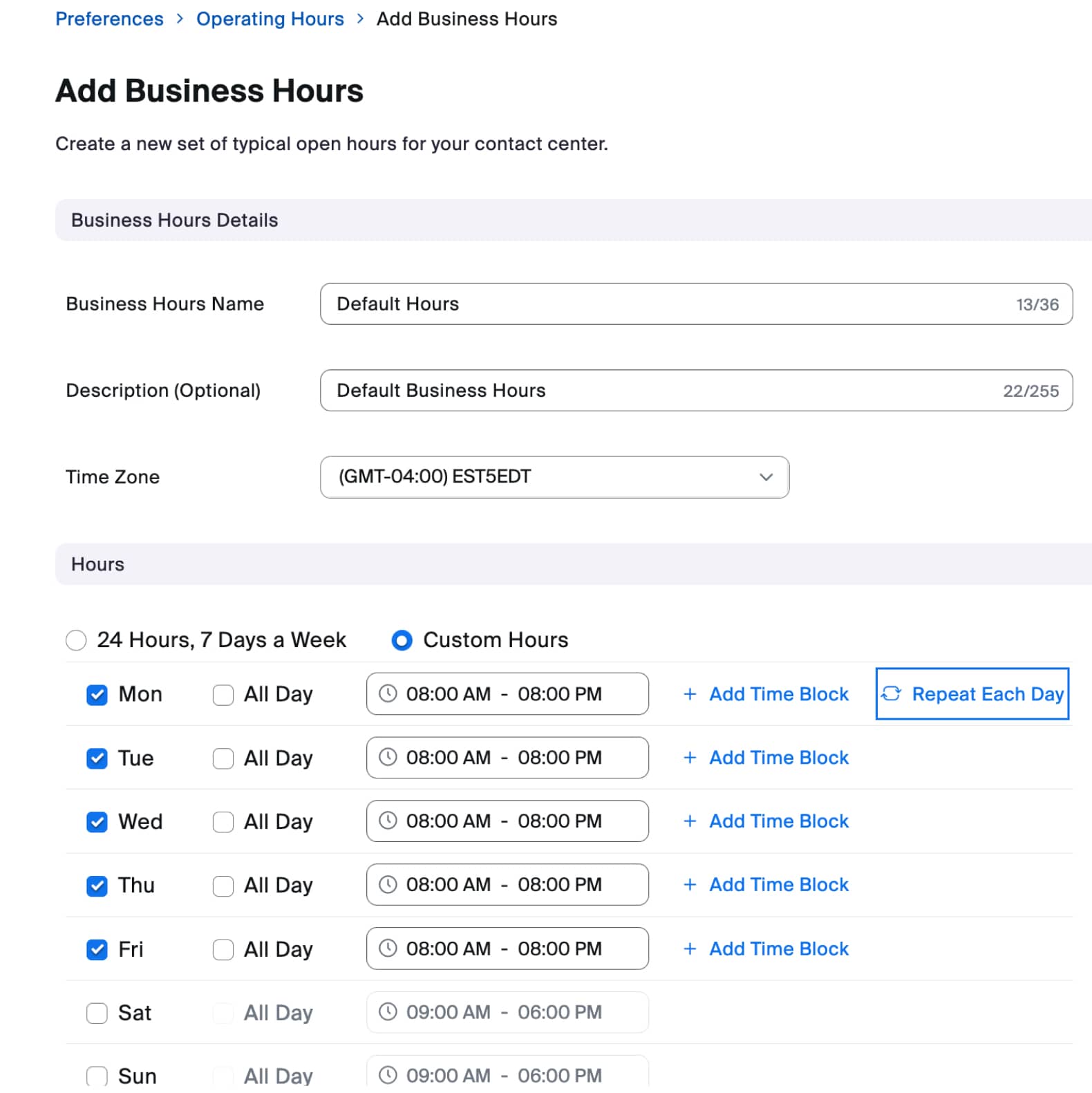 Showing the Add Business Hours settings screen