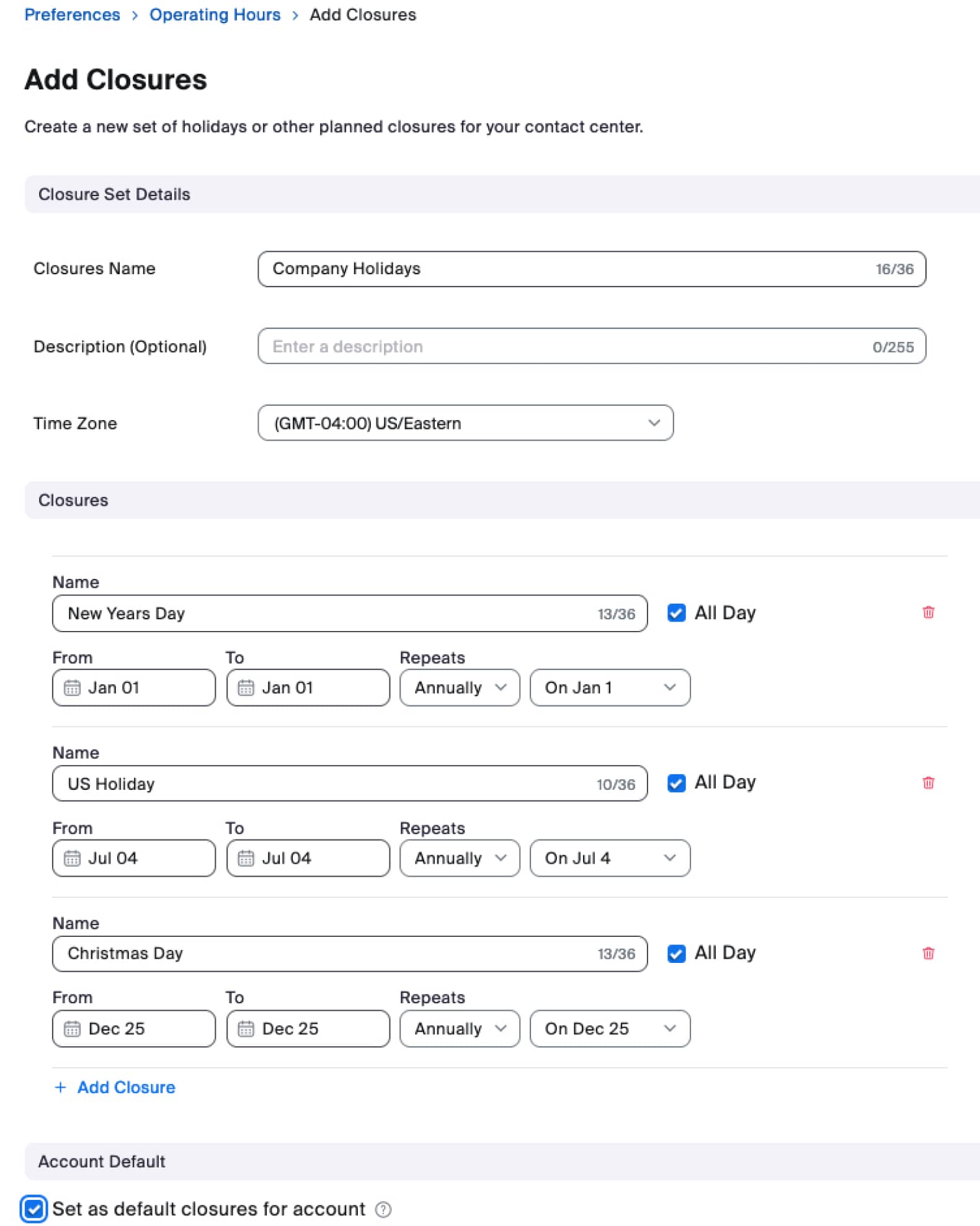 Showing the Add Closures settings screen
