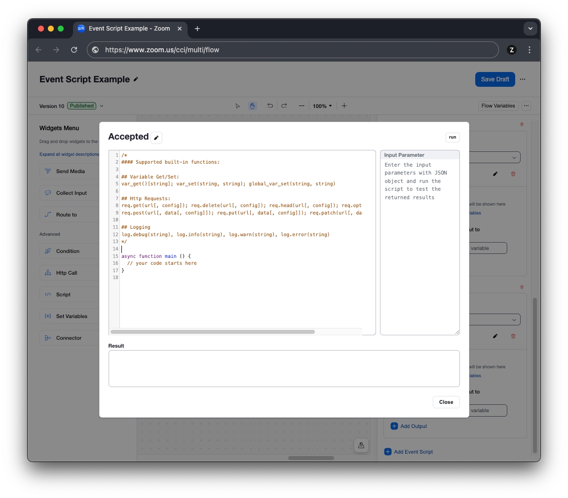 Code sample in Flow editor