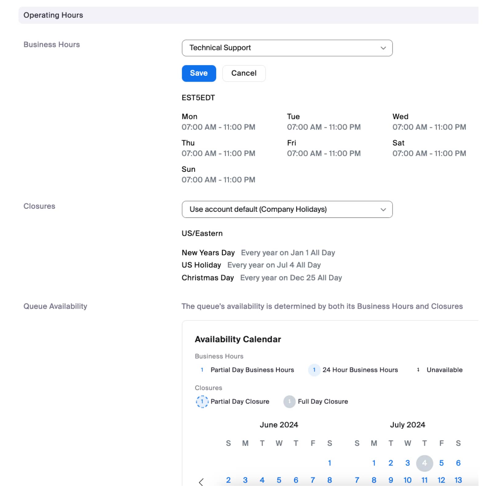 Setting the operating hours of a specific department, Technical Support in this example.